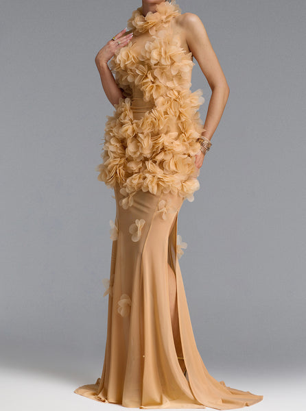 ELEGANT HIGH NECK FLORAL MESH BEIGE MAXI DRESS