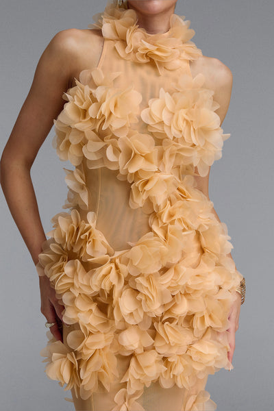 ELEGANT HIGH NECK FLORAL MESH BEIGE MAXI DRESS