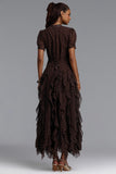 CINCED SHORT SLEEVE BOTTOM RUFFLE POLKA DOT CHIFFON MAXI DRESS (BROWN)
