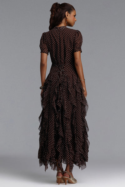 CINCED SHORT SLEEVE BOTTOM RUFFLE POLKA DOT CHIFFON MAXI DRESS (BROWN)