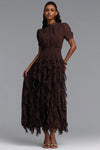 CINCED SHORT SLEEVE BOTTOM RUFFLE POLKA DOT CHIFFON MAXI DRESS (BROWN)