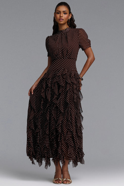CINCED SHORT SLEEVE BOTTOM RUFFLE POLKA DOT CHIFFON MAXI DRESS (BROWN)