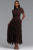 CINCED SHORT SLEEVE BOTTOM RUFFLE POLKA DOT CHIFFON MAXI DRESS (BROWN)