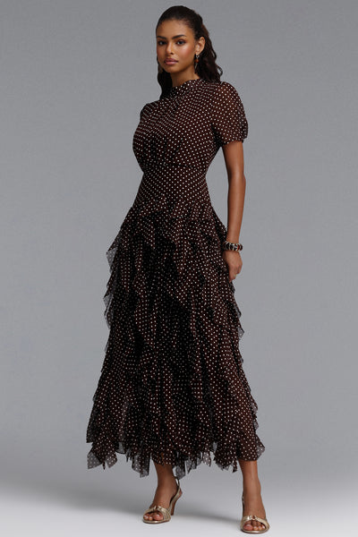 CINCED SHORT SLEEVE BOTTOM RUFFLE POLKA DOT CHIFFON MAXI DRESS (BROWN)