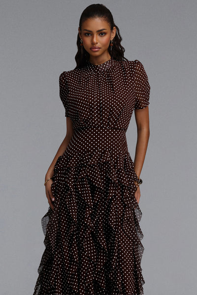 CINCED SHORT SLEEVE BOTTOM RUFFLE POLKA DOT CHIFFON MAXI DRESS (BROWN)