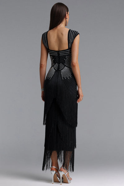 SQUARE NECKLINE RHINESTONE BODICE FRINGE BANDAGE MAXI DRESS (BLACK)