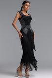 SQUARE NECKLINE RHINESTONE BODICE FRINGE BANDAGE MAXI DRESS (BLACK)