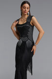 SQUARE NECKLINE RHINESTONE BODICE FRINGE BANDAGE MAXI DRESS (BLACK)