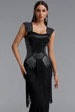 SQUARE NECKLINE RHINESTONE BODICE FRINGE BANDAGE MAXI DRESS (BLACK)