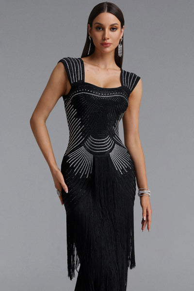 SQUARE NECKLINE RHINESTONE BODICE FRINGE BANDAGE MAXI DRESS (BLACK)