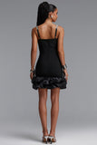 DIAMOND CUT CRYSTAL EMBELLISHED RUFFLE BLACK BANDAGE MINI DRESS