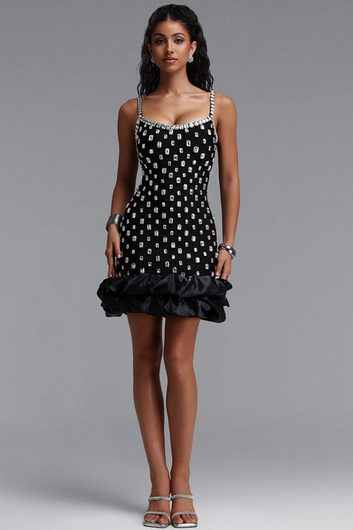 DIAMOND CUT CRYSTAL EMBELLISHED RUFFLE BLACK BANDAGE MINI DRESS