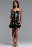 DIAMOND CUT CRYSTAL EMBELLISHED RUFFLE BLACK BANDAGE MINI DRESS