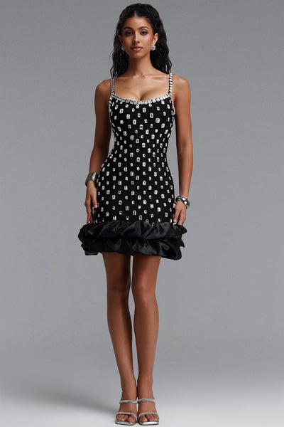 DIAMOND CUT CRYSTAL EMBELLISHED RUFFLE BLACK BANDAGE MINI DRESS