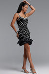 DIAMOND CUT CRYSTAL EMBELLISHED RUFFLE BLACK BANDAGE MINI DRESS