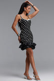 DIAMOND CUT CRYSTAL EMBELLISHED RUFFLE BLACK BANDAGE MINI DRESS