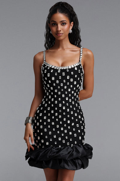 DIAMOND CUT CRYSTAL EMBELLISHED RUFFLE BLACK BANDAGE MINI DRESS