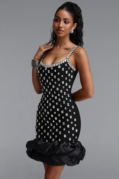 DIAMOND CUT CRYSTAL EMBELLISHED RUFFLE BLACK BANDAGE MINI DRESS