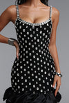 DIAMOND CUT CRYSTAL EMBELLISHED RUFFLE BLACK BANDAGE MINI DRESS