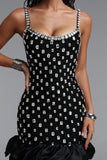 DIAMOND CUT CRYSTAL EMBELLISHED RUFFLE BLACK BANDAGE MINI DRESS