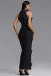 GLAMOROUS CONTOUR PEARL FLORAL BANDAGE MAXI DRESS (BLACK)