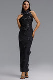 GLAMOROUS CONTOUR PEARL FLORAL BANDAGE MAXI DRESS (BLACK)