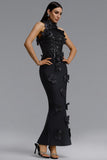 GLAMOROUS CONTOUR PEARL FLORAL BANDAGE MAXI DRESS (BLACK)