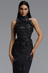 GLAMOROUS CONTOUR PEARL FLORAL BANDAGE MAXI DRESS (BLACK)