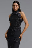 GLAMOROUS CONTOUR PEARL FLORAL BANDAGE MAXI DRESS (BLACK)