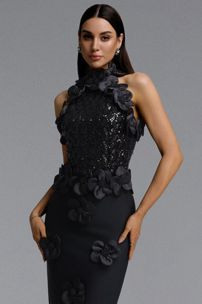 GLAMOROUS CONTOUR PEARL FLORAL BANDAGE MAXI DRESS (BLACK)