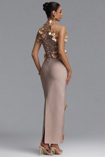 GLAMOROUS CONTOUR PEARL FLORAL BANDAGE MAXI DRESS (BEIGE)