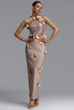 GLAMOROUS CONTOUR PEARL FLORAL BANDAGE MAXI DRESS (BEIGE)