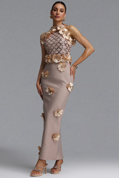 GLAMOROUS CONTOUR PEARL FLORAL BANDAGE MAXI DRESS (BEIGE)