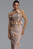 GLAMOROUS CONTOUR PEARL FLORAL BANDAGE MAXI DRESS (BEIGE)