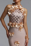 GLAMOROUS CONTOUR PEARL FLORAL BANDAGE MAXI DRESS (BEIGE)