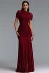 SOPHISTICATED DRAPED RUCHED KNTTED MAXI DRESS (BURGUNDY)
