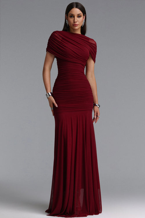 SOPHISTICATED DRAPED RUCHED KNTTED MAXI DRESS (BURGUNDY)