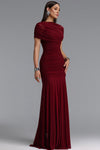 SOPHISTICATED DRAPED RUCHED KNTTED MAXI DRESS (BURGUNDY)