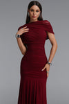 SOPHISTICATED DRAPED RUCHED KNTTED MAXI DRESS (BURGUNDY)