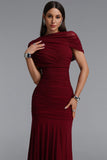 SOPHISTICATED DRAPED RUCHED KNTTED MAXI DRESS (BURGUNDY)