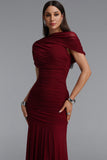 SOPHISTICATED DRAPED RUCHED KNTTED MAXI DRESS (BURGUNDY)