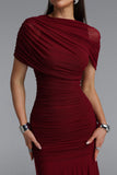 SOPHISTICATED DRAPED RUCHED KNTTED MAXI DRESS (BURGUNDY)
