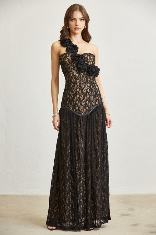 3D FLOWER LACE DROPWAIST MAXI DRESS (BLACK)