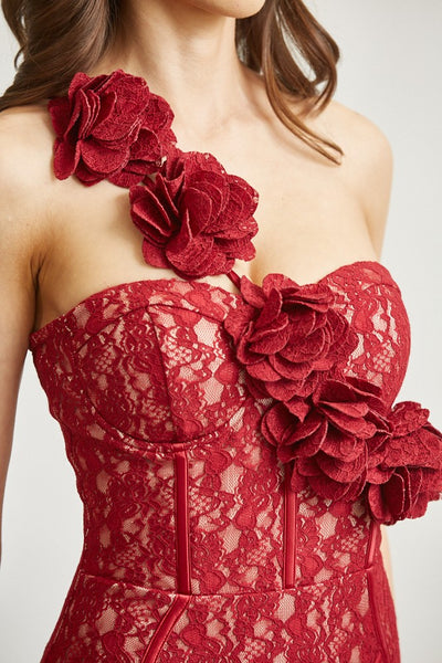 3D FLOWER LACE DROPWAIST MAXI DRESS (BURGUNDY)