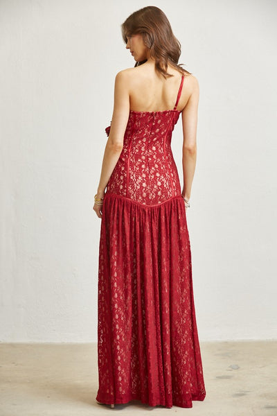 3D FLOWER LACE DROPWAIST MAXI DRESS (BURGUNDY)