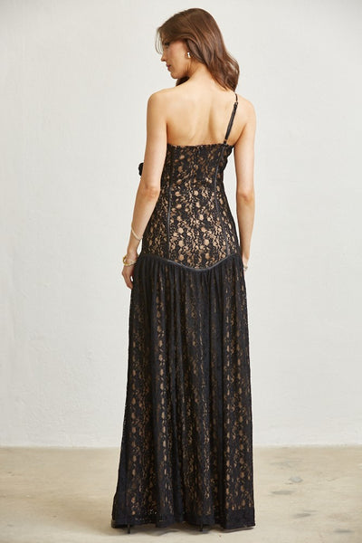 3D FLOWER LACE DROPWAIST MAXI DRESS (BLACK)