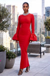 RHINESTONE COLLAR BELL SLEEVES BANDAGE MAXI DRESS (RED)