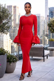 RHINESTONE COLLAR BELL SLEEVES BANDAGE MAXI DRESS (RED)