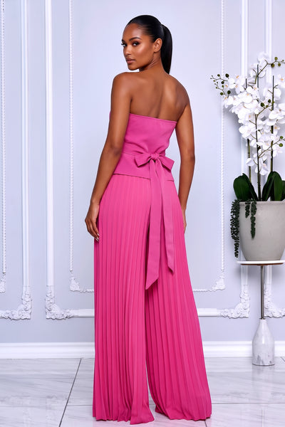 STRAPLESS CRYSTAL TRIM TOP & PLEATED PANTS SET (HOT PINK)
