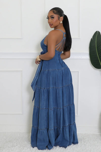 O STRING DESIGN BACK STRAP DENIM MAXI DRESS (DARK DENIM)